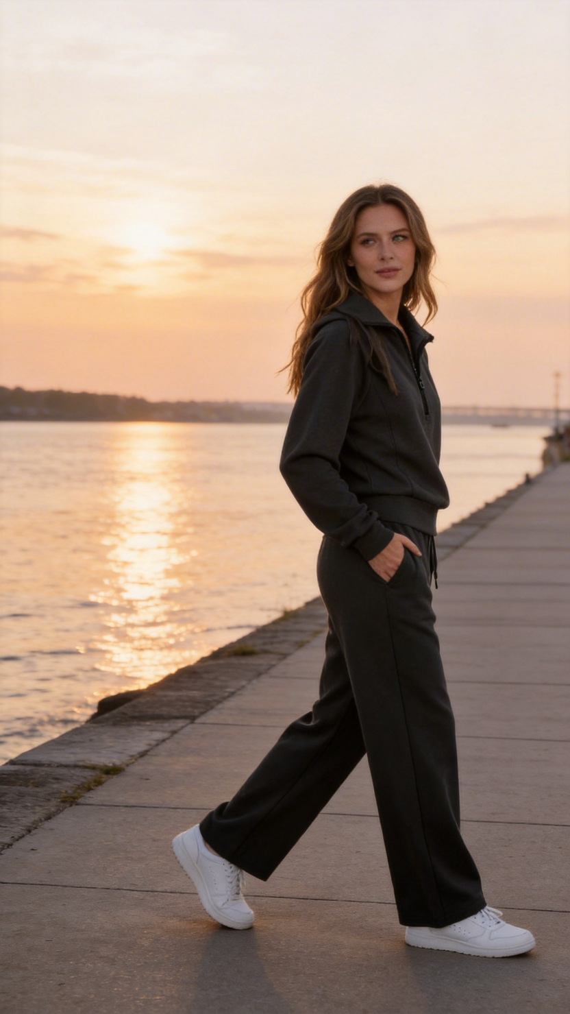 Black Quarter Zip Pullover & Wide Leg Pants Lounge Set