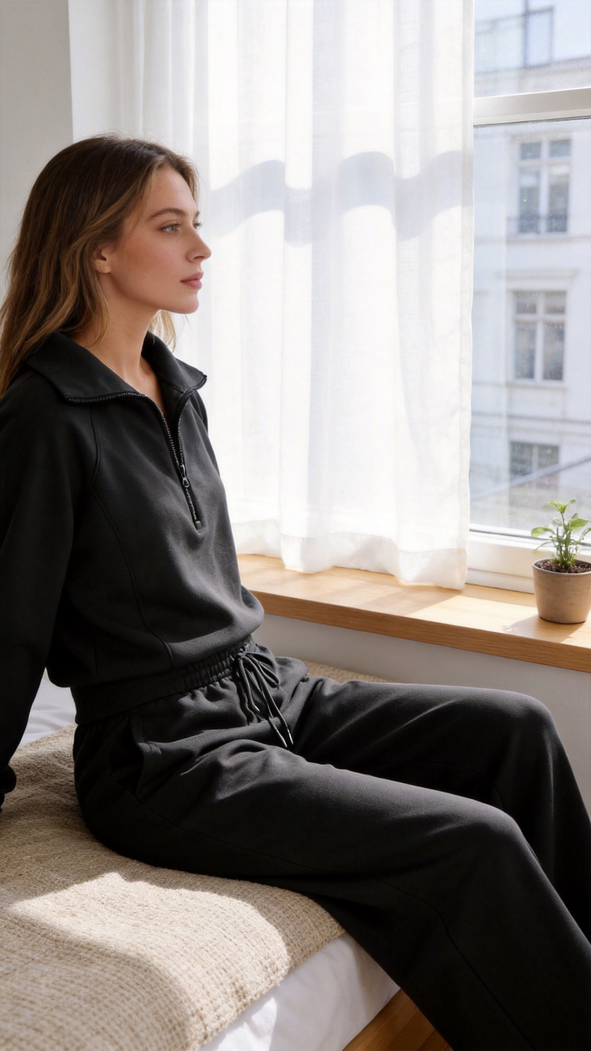 Black Quarter Zip Pullover & Wide Leg Pants Lounge Set